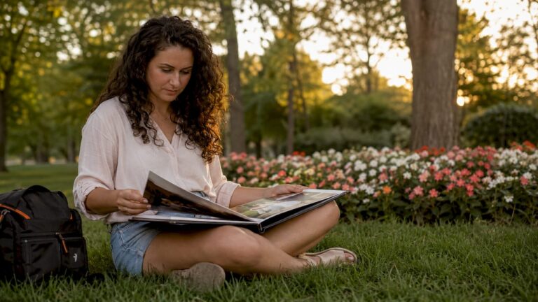 Photographer reviewing wedding portfolio outdoors