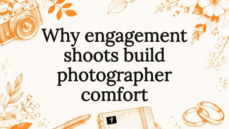 Illustrated decorative title card with wedding and photography elements